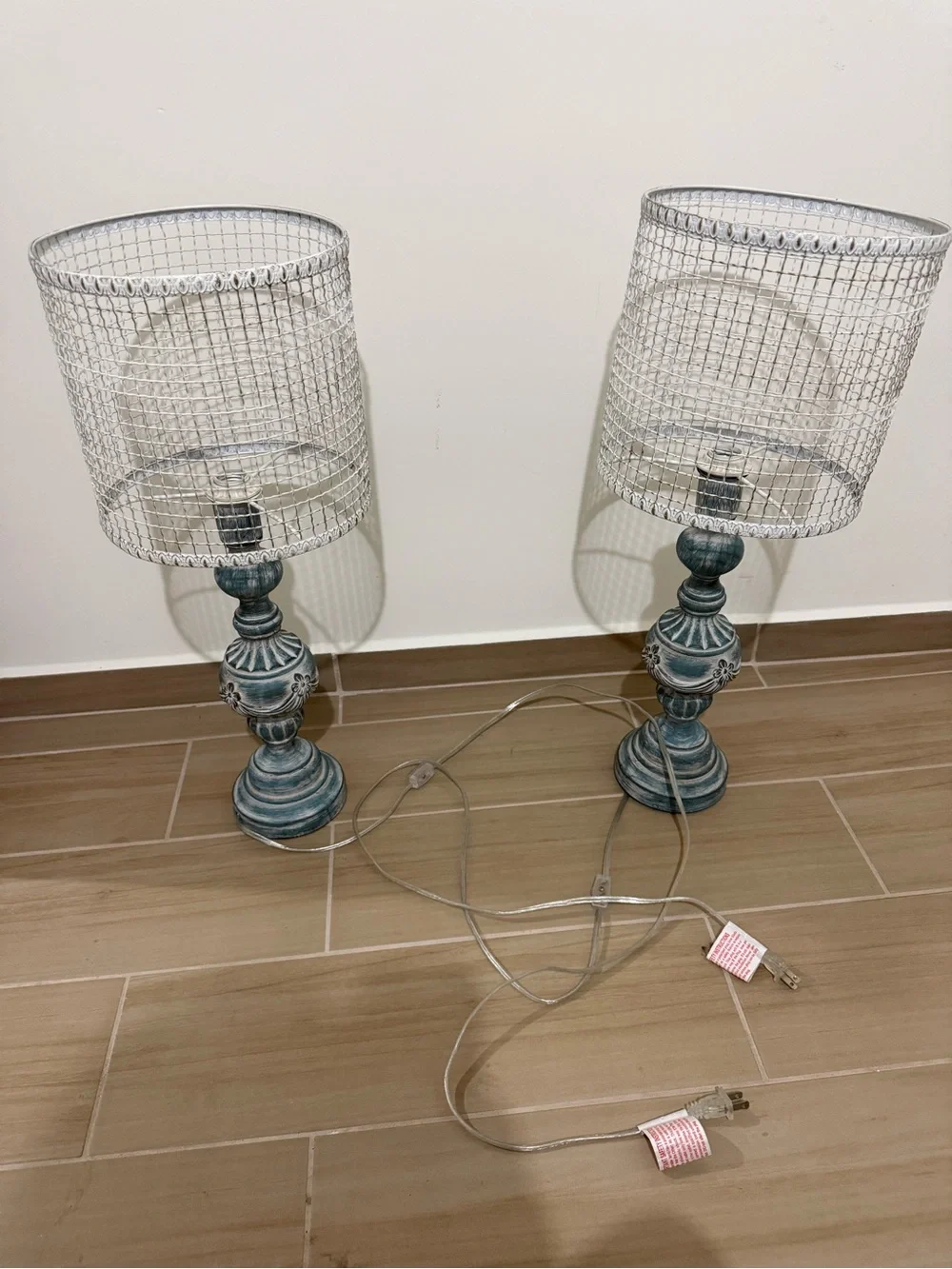 Farmhouse Teal Decorative Table Lamp with White Wire Shade $60 each